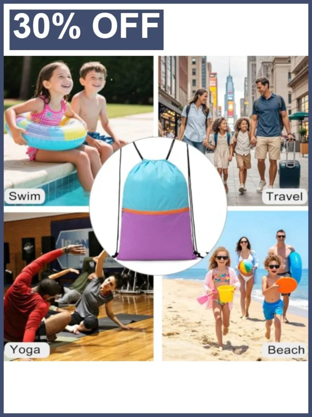 Drawstring Backpack Bag, Sports Sackpack, Nylon, Quick-Dry, 2 Pockets